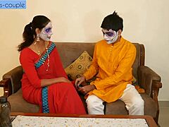Sensual encounter between mature couple during festival celebration