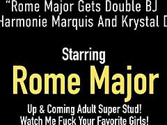 Harmonie Marquis and Krystal Davis give a double blowjob to a major in Rome