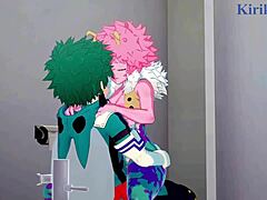 Mina Ashido, Momo Yaoyorozu, dan Izuku Midoriya terlibat dalam threesome yang intens dalam My Hero Academia hentai