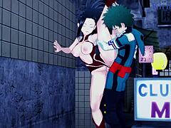 Mina Ashido, Momo Yaoyorozu, dan Izuku Midoriya terlibat dalam threesome yang intens di My Hero Academia hentai