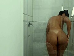 Latina stepsister gets caught on hidden camera taking a shower with big ass